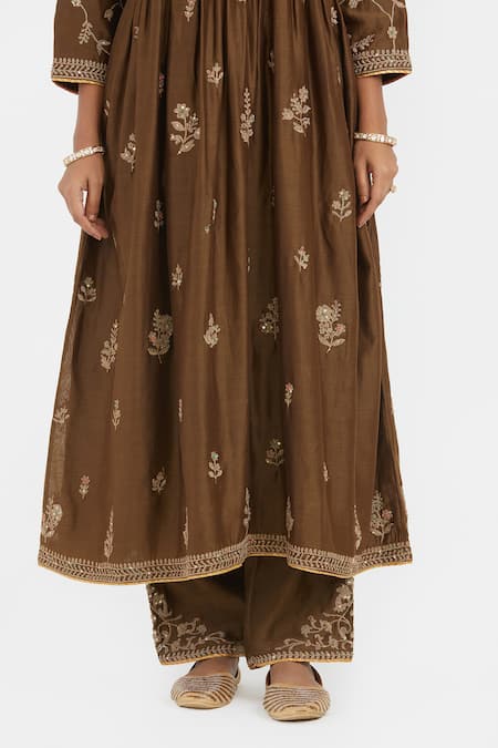 Shop_Kora_Olive Green Silk, Silk, Embroidery, Dori Kurta And Pants _Online_at_Aza_Fashions