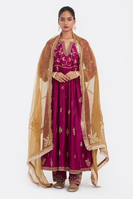 Shop Kora Fuchsia Embroidery, Sequins, Beads Round Neck, Silk Chanderi Dori Flared Kurta Online at Aza Fashions Shop_Kora_Fuchsia Embroidery, Sequins, Beads Round Neck, Silk Chanderi Dori Flared Kurta _Online_at_Aza_Fashions