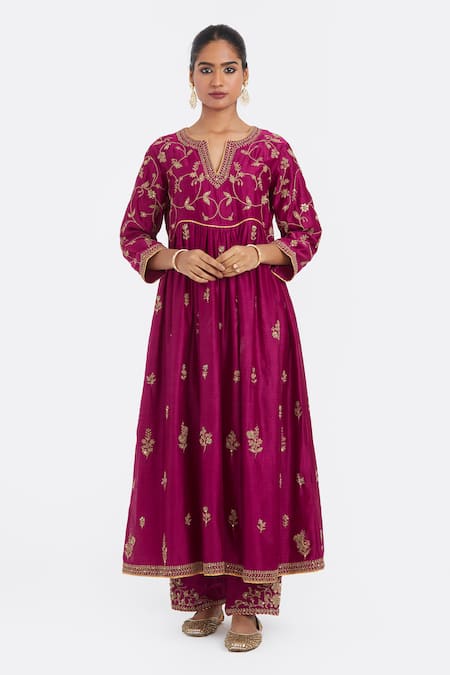 Kora_Fuchsia Chanderi , Organza Embroidery, Dori Kurta, Pant And Dupatta Set _Online_at_Aza_Fashions
