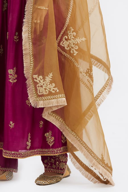 Kora_Fuchsia Chanderi , Organza Embroidery, Dori Kurta, Pant And Dupatta Set _at_Aza_Fashions