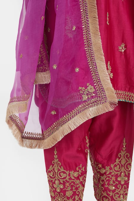 Kora_Fuchsia Chanderi Silk Embroidery, Sequins, Beads Mandarin Collar Dori Kurta _at_Aza_Fashions