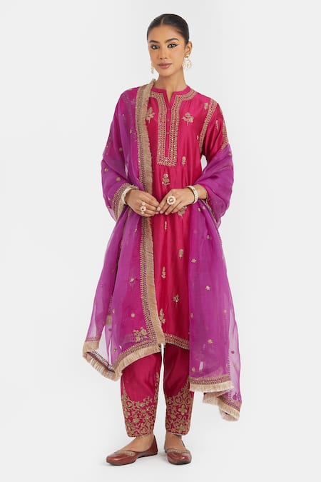 Buy_Kora_Fuchsia Silk, Silk, Embroidery, Sequins, Dori Kurta And Salwar _Online_at_Aza_Fashions