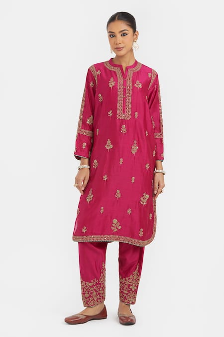 Kora_Fuchsia Chanderi , Organza Embroidery, Dori Kurta Salwar And Dupatta _Online_at_Aza_Fashions