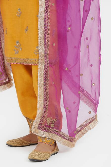 Shop_Kora_Yellow Chanderi Silk Embroidery, Sequins, Beads Dori Kurta And Salwar Set _Online_at_Aza_Fashions