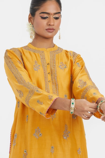 Kora_Yellow Chanderi Silk Embroidery, Sequins, Beads Dori Kurta And Salwar Set _at_Aza_Fashions