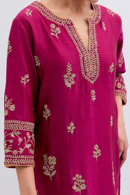 Buy_Kora_Fuchsia Silk, Silk, Embroidery, Dori Kurta And Pants Set _Online_at_Aza_Fashions