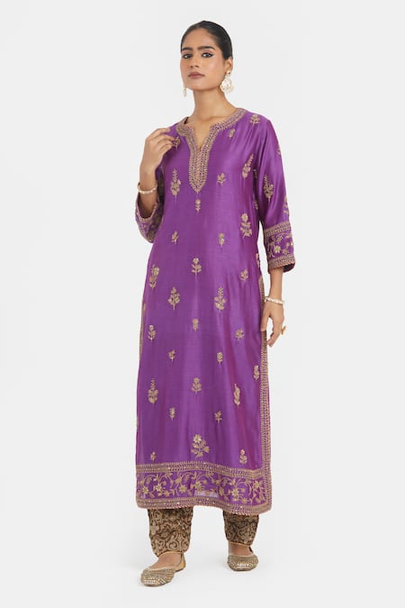 Kora Purple Chanderi Silk Embroidery, Sequins, Beads Round Neck, Split Dori Kurta Online at Aza Fashions Kora_Purple Chanderi Silk Embroidery, Sequins, Beads Round Neck, Split Dori Kurta _Online_at_Aza_Fashions