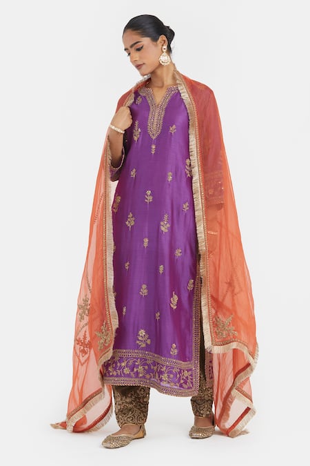 Shop Kora Purple Chanderi Silk Embroidery, Sequins, Beads Round Neck, Split Dori Kurta Online at Aza Fashions Shop_Kora_Purple Chanderi Silk Embroidery, Sequins, Beads Round Neck, Split Dori Kurta _Online_at_Aza_Fashions