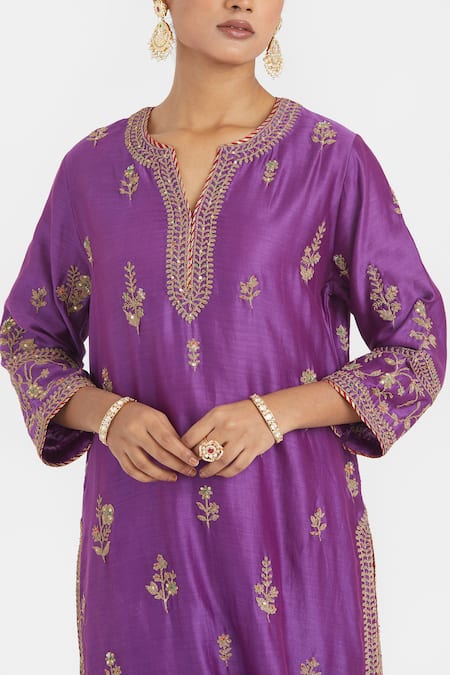 Kora Purple Chanderi Silk Embroidery, Sequins, Beads Round Neck, Split Dori Kurta at Aza Fashions Kora_Purple Chanderi Silk Embroidery, Sequins, Beads Round Neck, Split Dori Kurta _at_Aza_Fashions