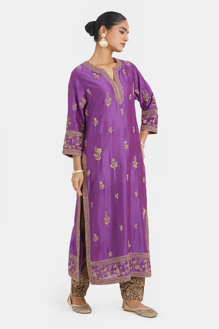 Buy_Kora_Purple Silk, Silk, Embroidery, Dori Kurta And Salwar Set _Online_at_Aza_Fashions