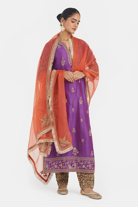 Buy_Kora_Purple Chanderi , Organza Embroidery, Dori Kurta Salwar And Dupatta _Online_at_Aza_Fashions