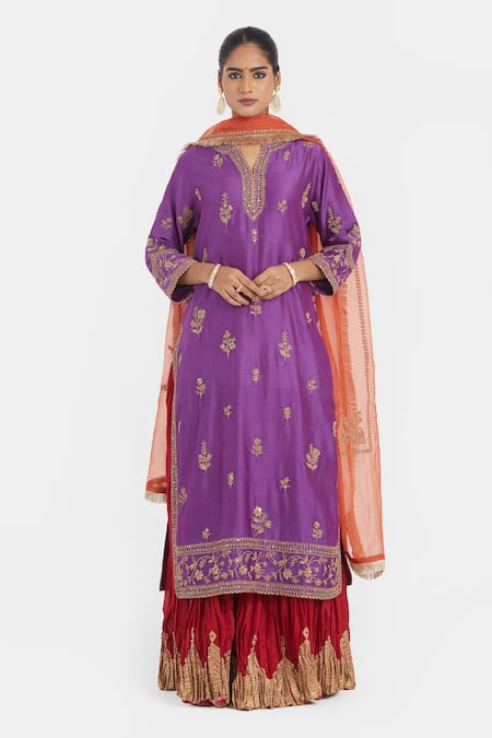 Shop_Kora_Purple Chanderi Silk Embroidery, Sequins, Beads, Gota Dori Kurta And Sharara _Online_at_Aza_Fashions
