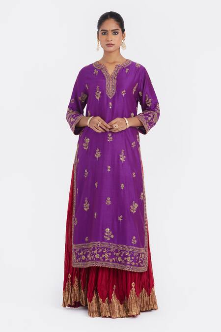 Kora_Purple Chanderi , Organza Beads, Dori Kurta Sharara And Dupatta Set _Online_at_Aza_Fashions