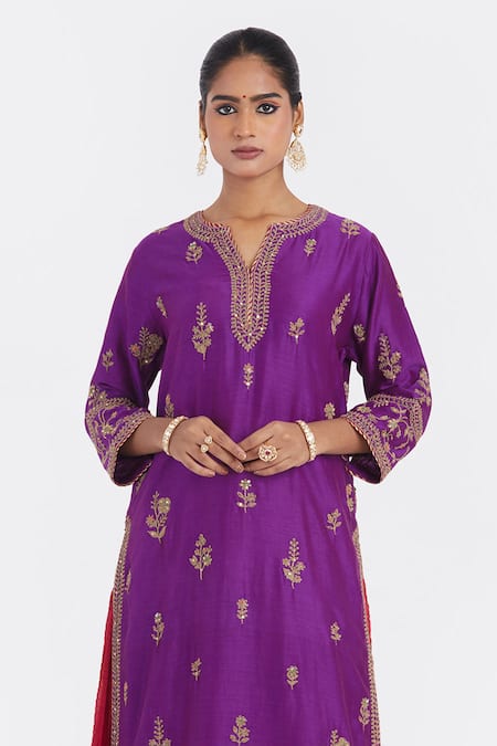 Buy_Kora_Purple Chanderi , Organza Beads, Dori Kurta Sharara And Dupatta Set _Online_at_Aza_Fashions