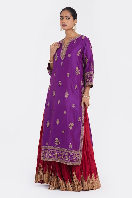 Shop_Kora_Purple Chanderi , Organza Beads, Dori Kurta Sharara And Dupatta Set _Online_at_Aza_Fashions