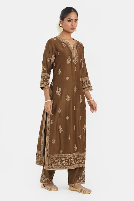 Kora_Olive Green Chanderi Silk Embroidery, Sequins, Beads Dori Kurta And Pants Set _Online_at_Aza_Fashions