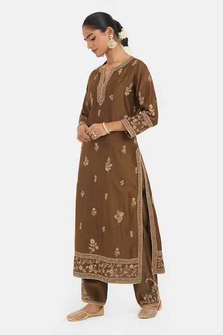 Buy_Kora_Olive Green Chanderi Silk Embroidery, Sequins, Beads Dori Kurta And Pants Set _Online_at_Aza_Fashions