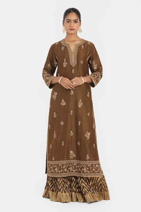 Kora Dori Embroidered Kurta & Crushed Sharara Set 