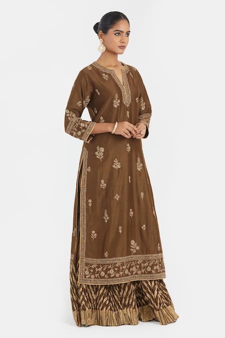 Buy_Kora_Olive Green Silk, Chanderi Embroidery, Dori Kurta And Crushed Sharara Set _Online_at_Aza_Fashions