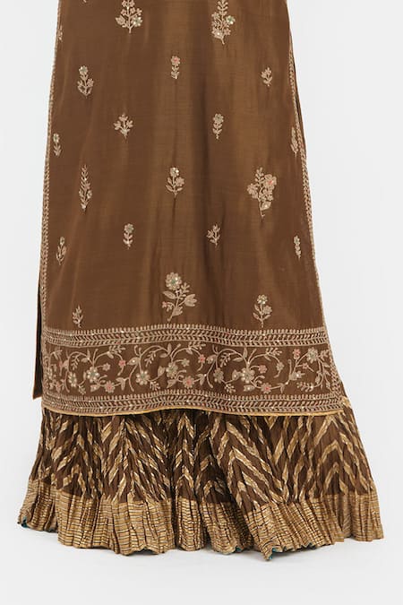 Shop_Kora_Olive Green Silk, Chanderi Embroidery, Dori Kurta And Crushed Sharara Set _Online_at_Aza_Fashions