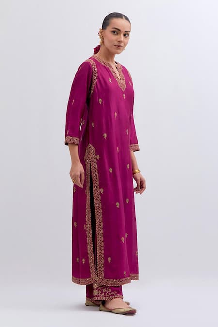 Kora_Fuchsia Chanderi Silk Embroidery, Sequins, Beads, Piping, Gota Patti Dori Kurta _Online_at_Aza_Fashions