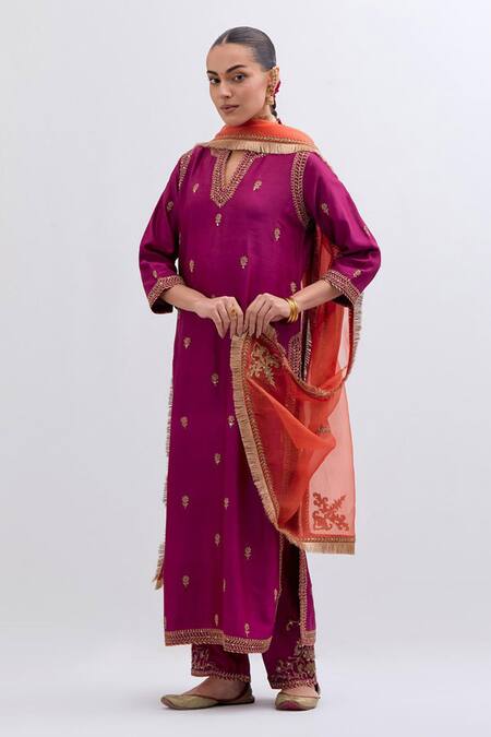 Shop_Kora_Fuchsia Chanderi Silk Embroidery, Sequins, Beads, Piping, Gota Patti Dori Kurta _Online_at_Aza_Fashions