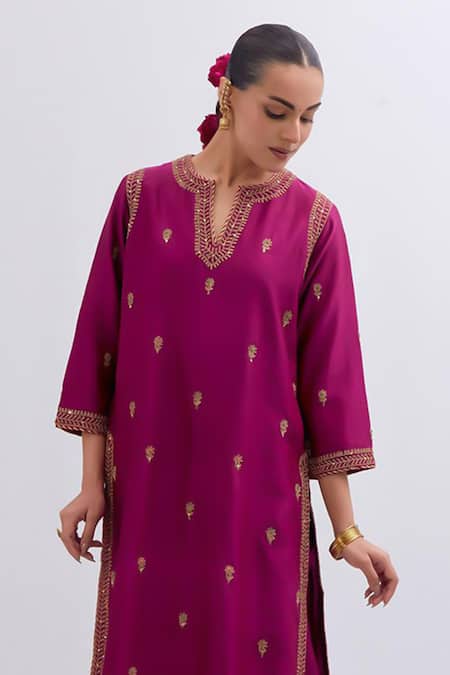 Shop_Kora_Fuchsia Silk, Silk, Embroidery, Dori Kurta And Pants Set _Online_at_Aza_Fashions