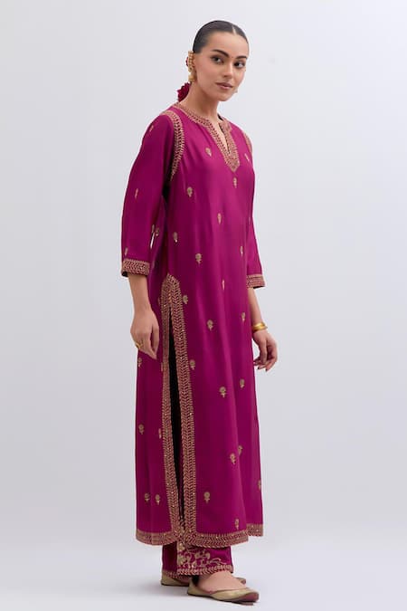 Kora_Fuchsia Chanderi , Organza Embroidery, Dori Kurta, Pant And Dupatta Set _Online_at_Aza_Fashions