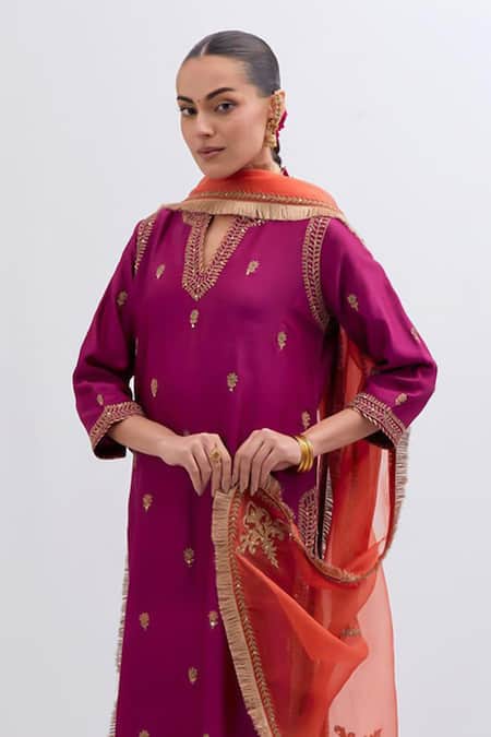 Kora_Fuchsia Chanderi , Organza Embroidery, Dori Kurta, Pant And Dupatta Set _at_Aza_Fashions