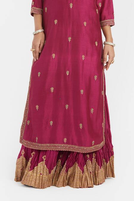 Buy_Kora_Fuchsia Silk, Chanderi Embroidery, Sequins, Dori Kurta And Crushed Sharara Set _Online_at_Aza_Fashions