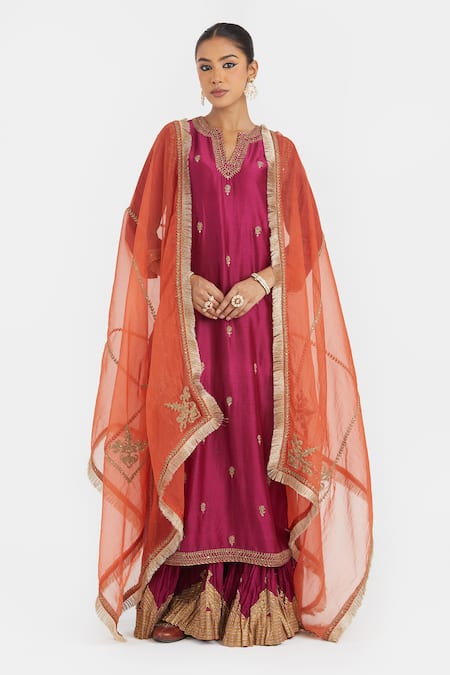 Shop_Kora_Fuchsia Silk, Chanderi Embroidery, Sequins, Dori Kurta And Crushed Sharara Set _Online_at_Aza_Fashions