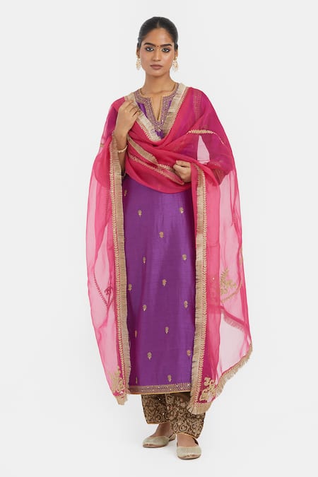 Shop_Kora_Fuchsia Chanderi Silk Embroidery, Sequins, Beads Round Dori Kurta And Salwar Set _Online_at_Aza_Fashions
