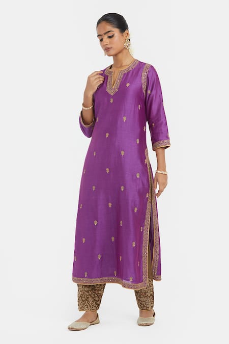 Buy_Kora_Purple Chanderi , Organza Embroidery, Dori Kurta, Salwar And Dupatta Set _Online_at_Aza_Fashions