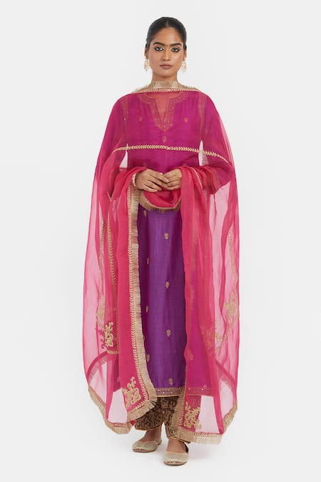 Kora_Purple Chanderi , Organza Embroidery, Dori Kurta, Salwar And Dupatta Set _at_Aza_Fashions