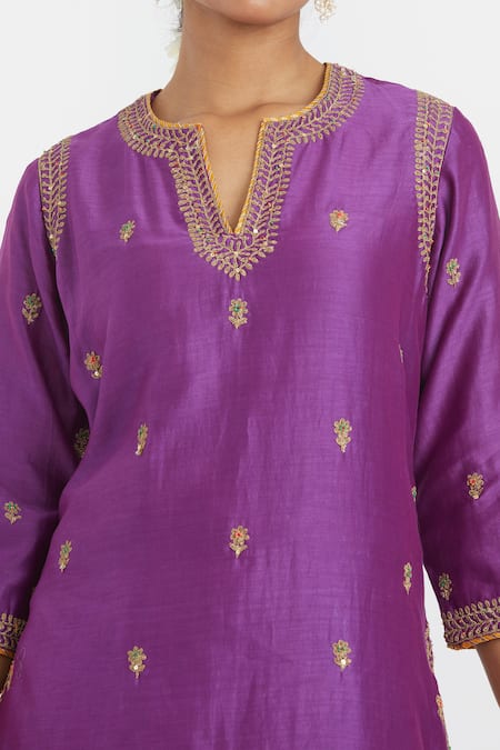 Kora_Purple Chanderi Silk Embroidery, Sequins, Beads, Gota Dori Kurta And Lehenga Set _at_Aza_Fashions