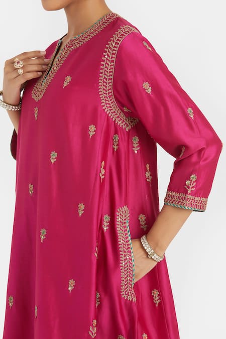 Kora_Fuchsia Chanderi Silk Embroidery, Beads, Sequins A-line Dori Kurta With Pockets _Online_at_Aza_Fashions