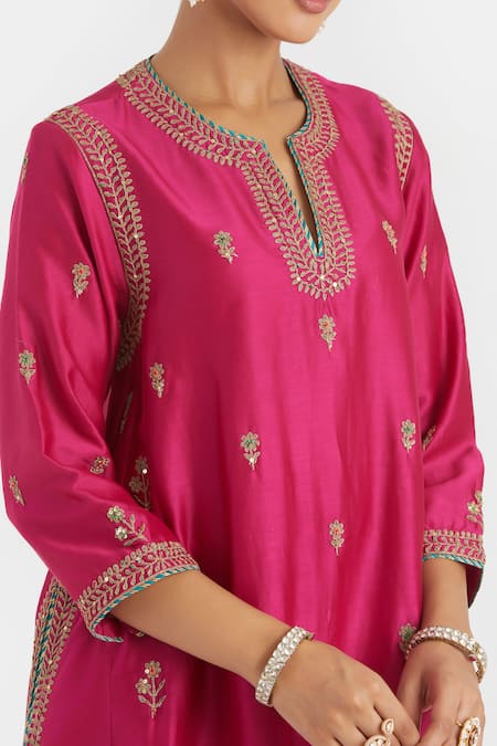 Kora_Fuchsia Chanderi Silk Embroidery, Beads, Sequins A-line Dori Kurta With Pockets _at_Aza_Fashions