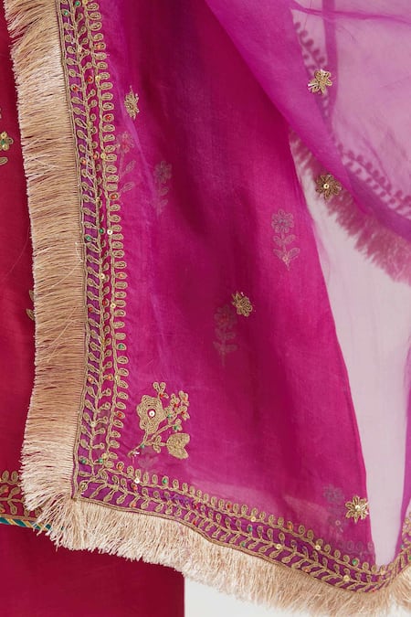 Shop_Kora_Fuchsia Chanderi , Organza Dori Kurta Salwar And Dupatta Set _Online_at_Aza_Fashions