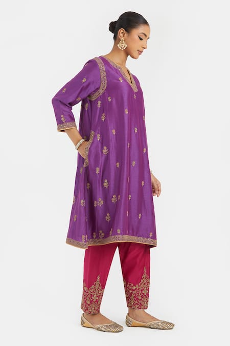Buy_Kora_Purple Silk, Chanderi Embroidery, Beads, Sequins Round Dori Kurta And Salwar Set _Online_at_Aza_Fashions