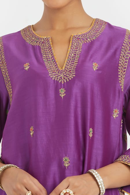 Kora_Purple Silk, Chanderi Embroidery, Beads, Sequins Round Dori Kurta And Salwar Set _at_Aza_Fashions