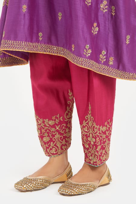 Buy_Kora_Purple Silk, Chanderi Embroidery, Beads, Sequins Round Dori Kurta And Salwar Set 