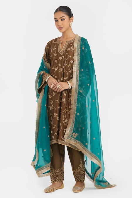 Shop_Kora_Olive Green , , Embroidery, Dori Kurta And Salwar Set 