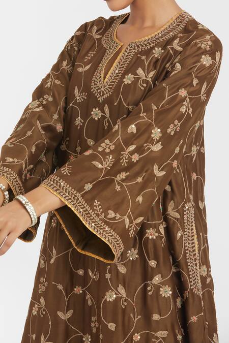 Shop_Kora_Olive Green Chanderi , Organza Dori A-line Kurta And Salwar Set _Online_at_Aza_Fashions