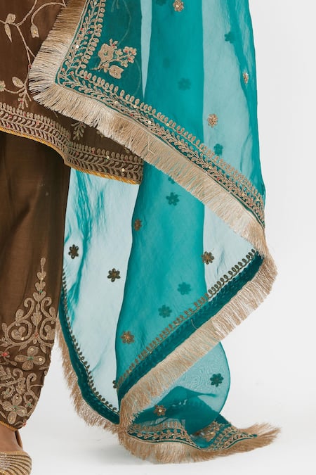 Kora_Olive Green Chanderi , Organza Dori A-line Kurta And Salwar Set _at_Aza_Fashions