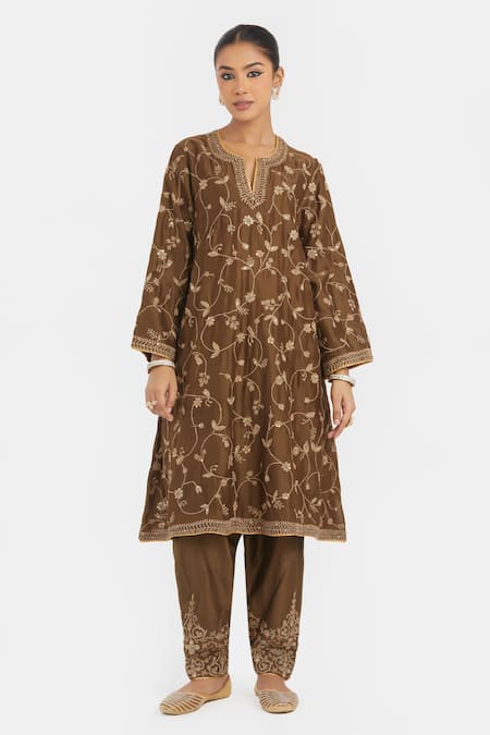 Buy_Kora_Olive Green Chanderi , Organza Dori A-line Kurta And Salwar Set 