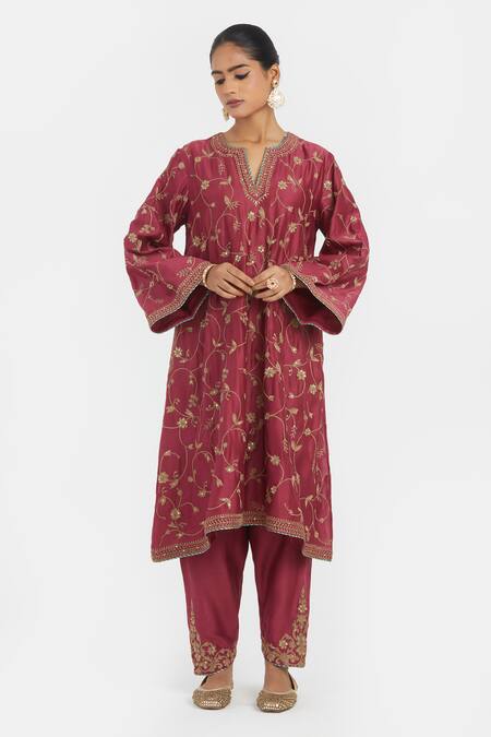 Buy_Kora_Red Chanderi Silk Embroidery, Beads, Sequins Split V-neck Dori A-line Kurta _Online_at_Aza_Fashions