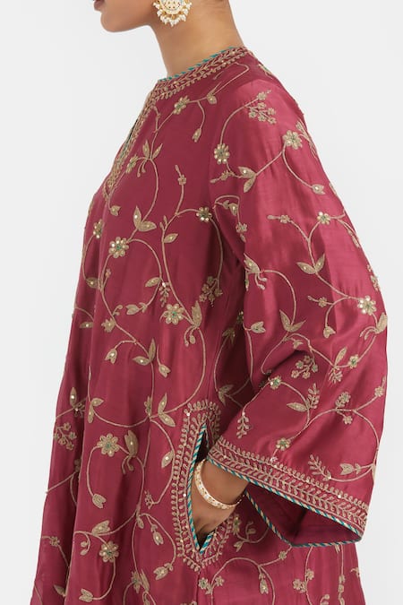 Shop_Kora_Red Chanderi Silk Embroidery, Beads, Sequins Split V-neck Dori A-line Kurta _Online_at_Aza_Fashions