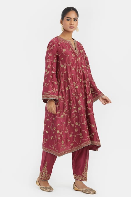 Kora_Red Chanderi , Organza Embroidery, Dori Kurta, Salwar And Dupatta Set _Online_at_Aza_Fashions