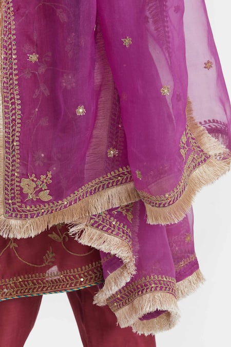 Shop_Kora_Red Chanderi , Organza Embroidery, Dori Kurta, Salwar And Dupatta Set _Online_at_Aza_Fashions