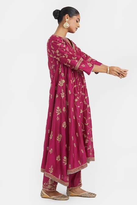 Kora_Fuchsia Chanderi Silk Embroidery, Beads, Sequins Asymmetric Hem Dori Kurta _Online_at_Aza_Fashions